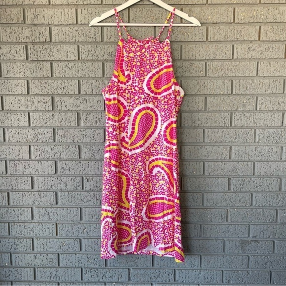 J. McLaughlin Maria Halter Dress Pink Yellow Paisley Mosaic Print Size Small
